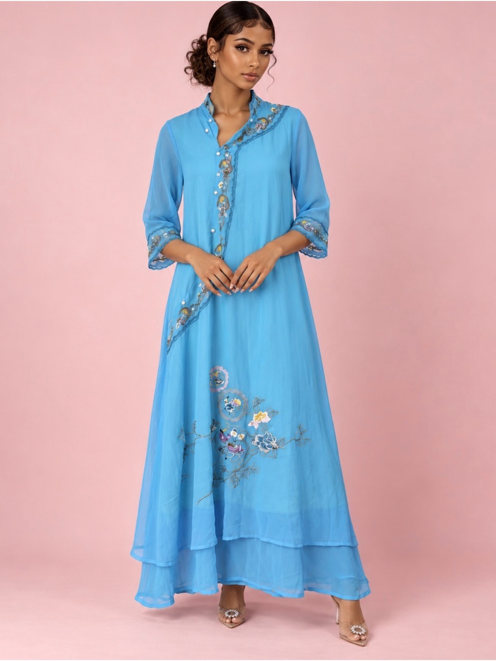W NWT Turquoise Embroidered Sheer Maxi Dress XL
